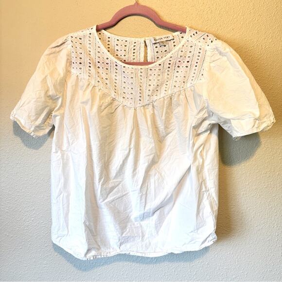Amour Vert White Organic Cotton Cropped Blouse Womens S Eyelet Puff Sleeve Basic - Picture 1 of 9
